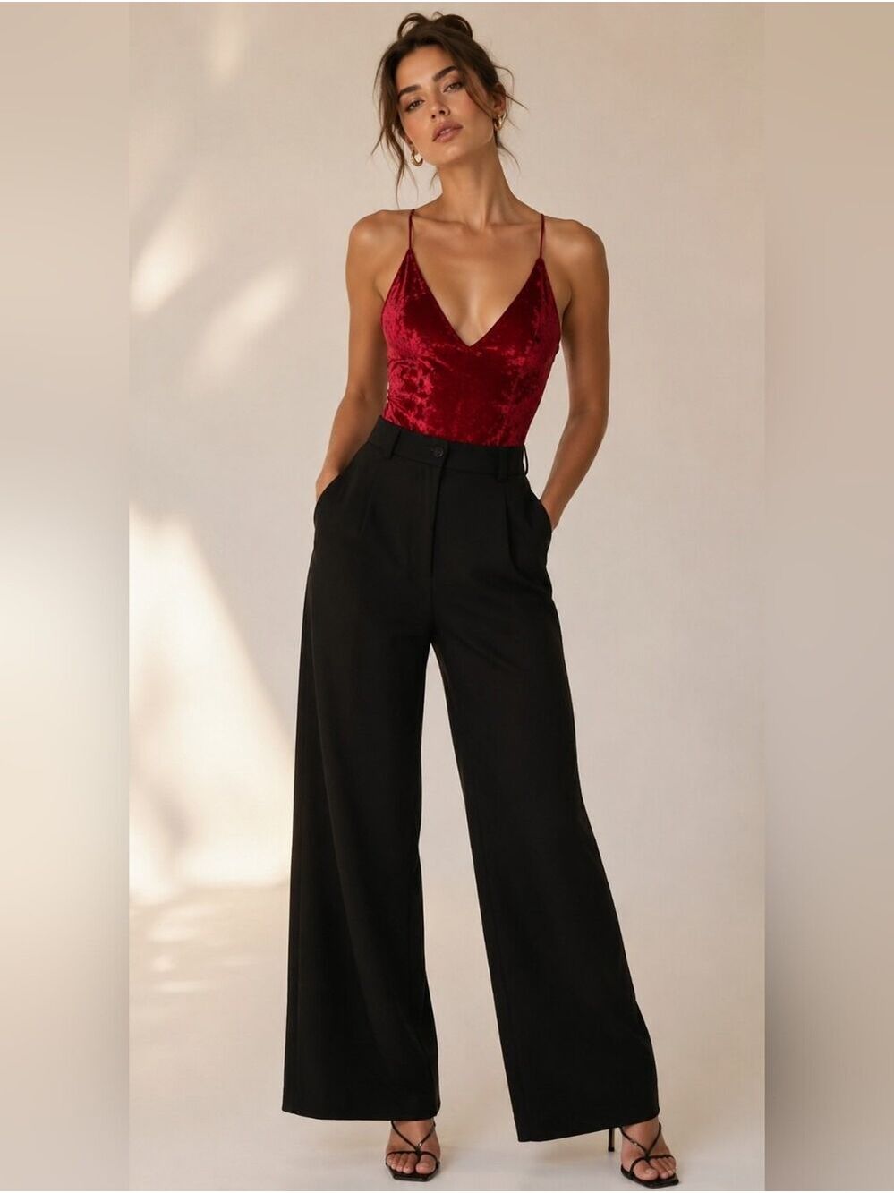 H&M Divided Red Crushed Velvet Strappy Back Bodysuit Sleeveless Party Top Small